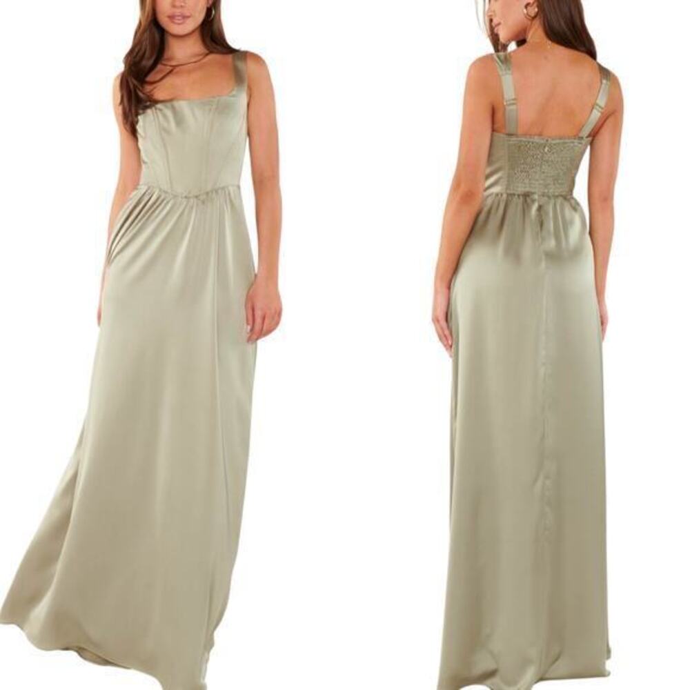 Show Me Your Mumu Nina Maxi Dress in Moss Green Luxe Satin size Medium